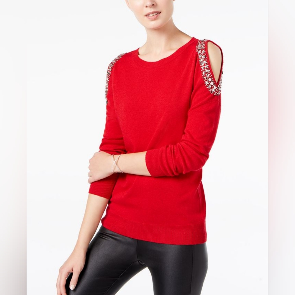 NWT I.N.C. Embellished Cold-Shoulder Sweater Size Petitie Small